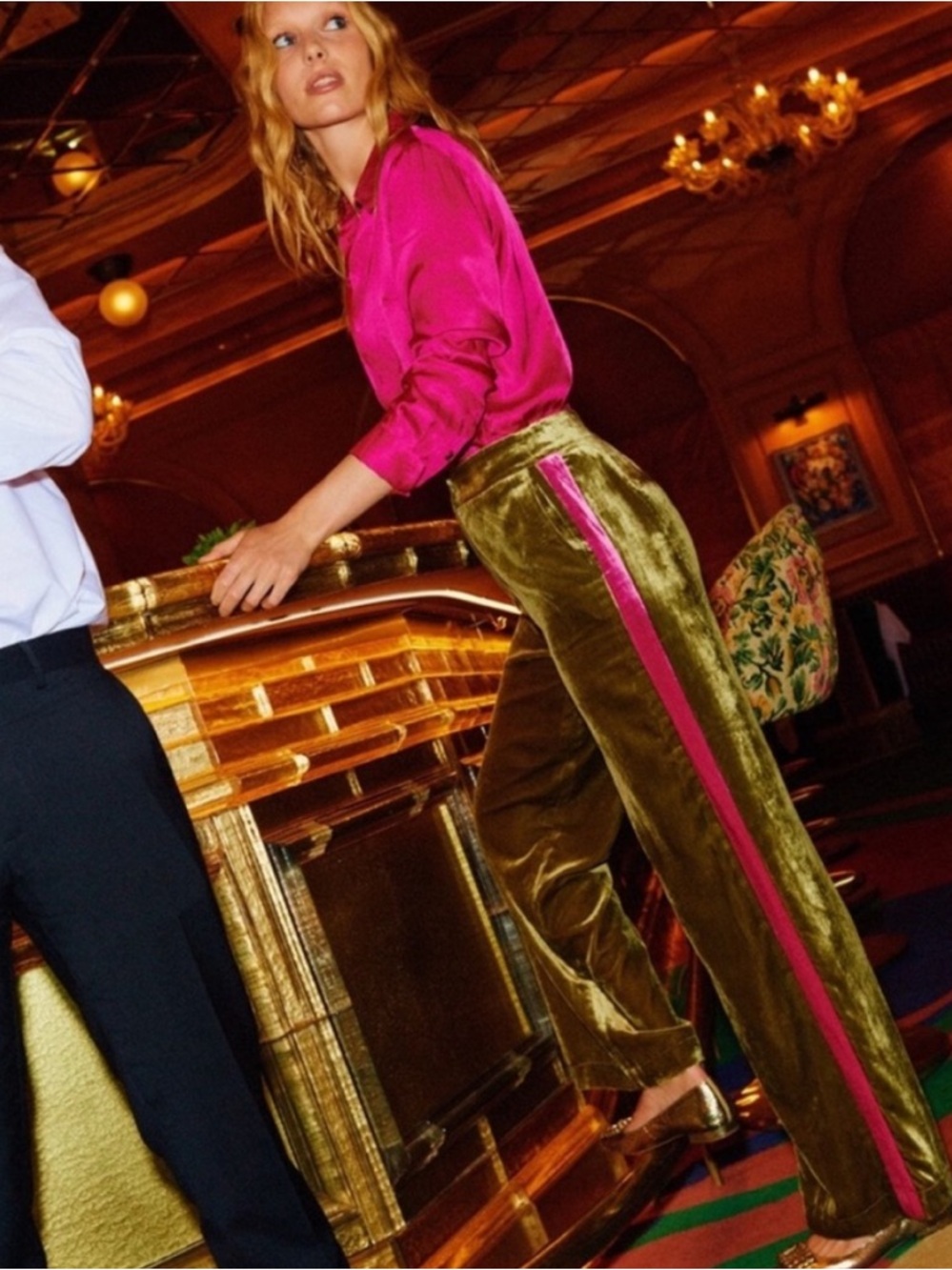 Boden Olive Green Velvet Wide-Leg Pants with Hot Pink Side Stripe